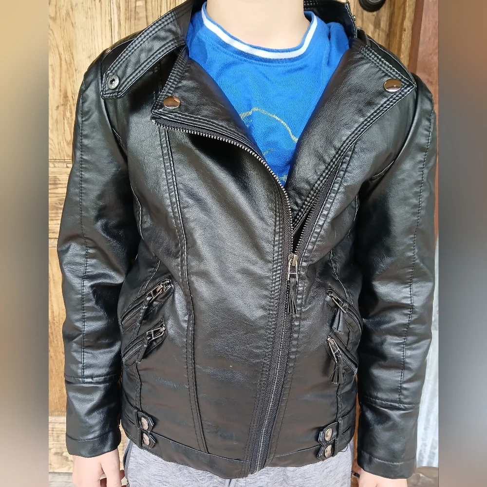 Black Faux Leather Bomber Jacket Punk Moto Unisex Blokecore 11-12 Zarv Kids